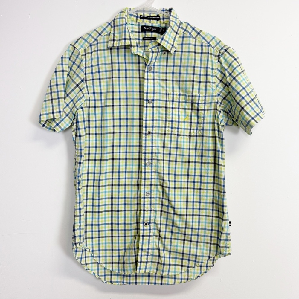 Nautica Shirt Mens Small Green Blue Plaid Classic Fit Short Sleeve Cotton Summer